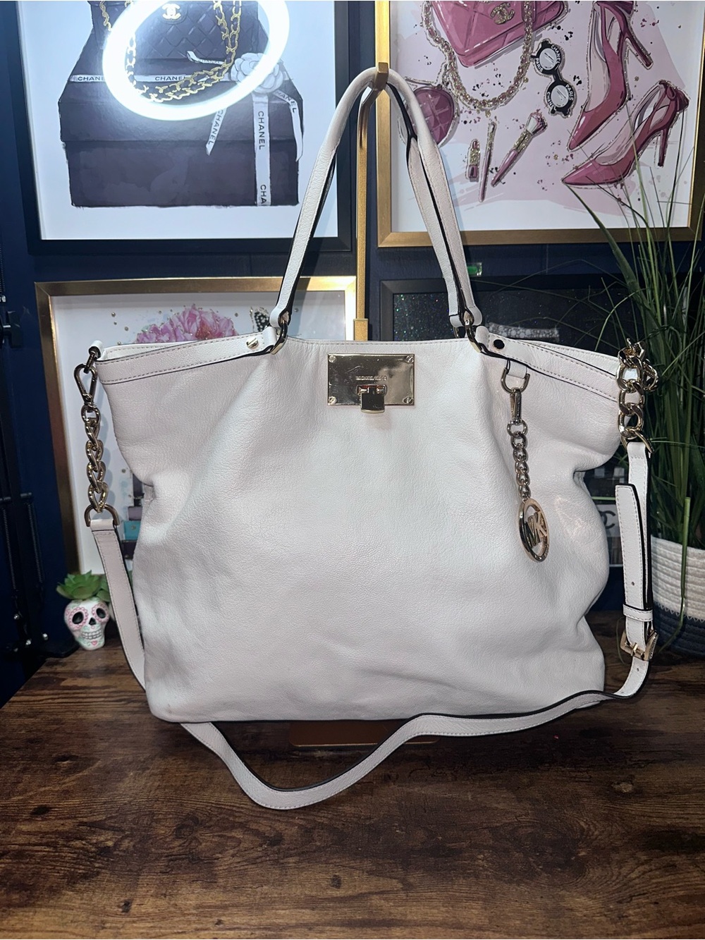 Michael Kors White Leather Tote with Gold Hardware